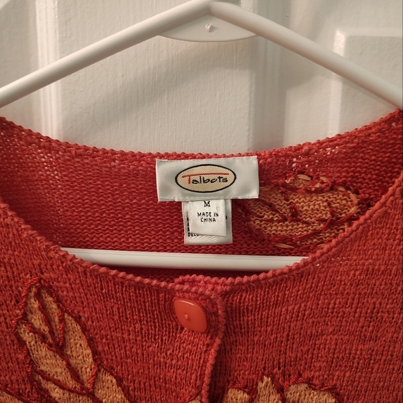 Talbots Coral and Apricot Cardigan Embroidered Floral Sweater Size M - Picture 3 of 6